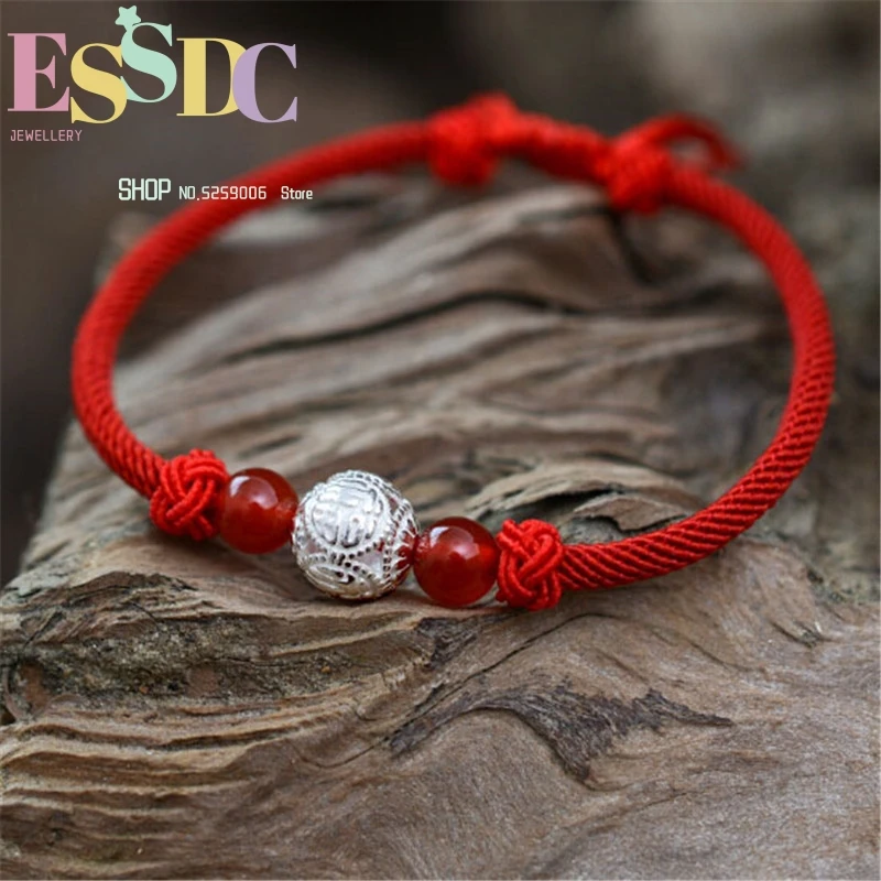 

Classic Woven Lucky Rope Adjustable Silver Six Word Charm Hand String Red Onyx Beads Lovers Bracelet Wholesale