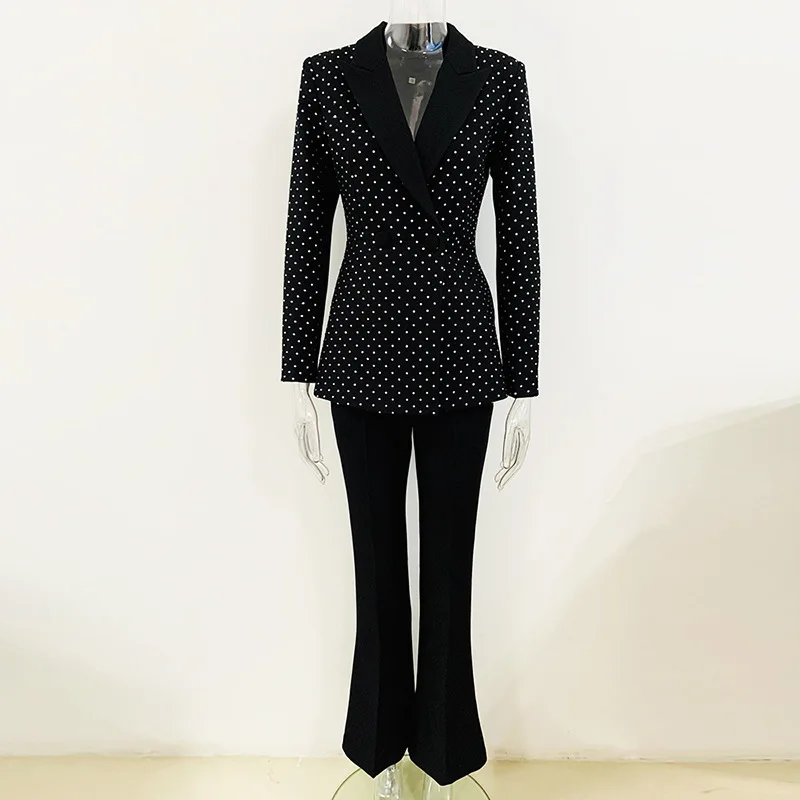 

Lady Formal Workwear 2Pcs Fine Workmanship Stylish Hot Fix Rhinestone Single Button Blazer Flared Solid Pants Suit