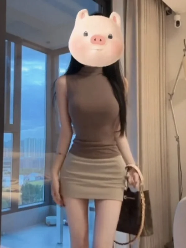 

American Style Spicy Girl Sleeveless Vest Women's Summer New Tight Slimming Half Skirt Fashionable Two-Piece Set round Neck S...