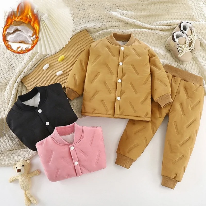 

1-8 Years Kids Winter Thick Coat+Pants 2Pcs Clothing Sets Baby Boys Girls Add Velvet Fashion Warmth Suits Children Outfits New
