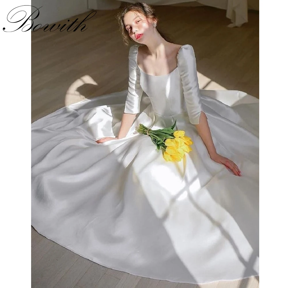 

Bowith U-Collar Long Sleeves Satin Wedding Dresses Customized A-Line Bridal Gown Simple Elegant Korean Wedding Dresses