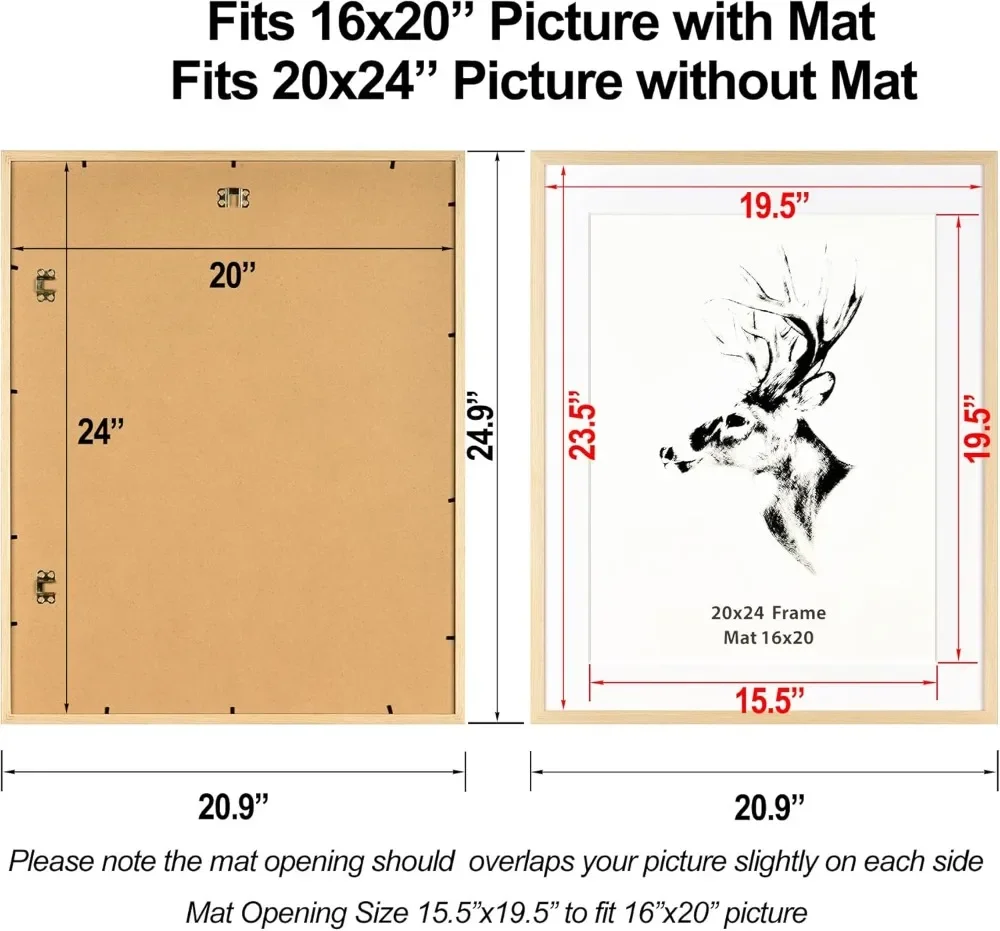 20x24 Picture Frame with Mat for 16x20 Set of 4, Solid Oak Wood Poster Frame 20 X 24 Inches, Wall Gallery Photo Frames