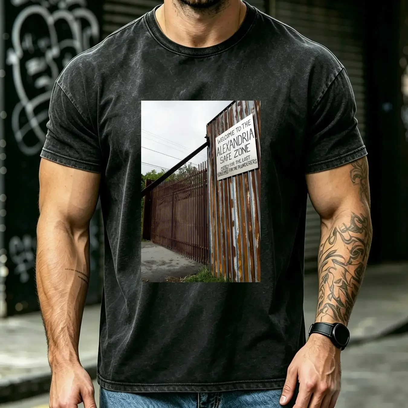 washed T Shirt Walking Dead Welcome to the Alexandria Safe Zone Men's or long short sleeves vintage Washed Unisex Comfortable