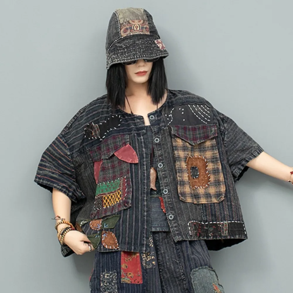 

Hand Embroidered Old Fabric Patchwork Cardigan Short Sleeved Jacket Women 2024 Early Autumn LX1848