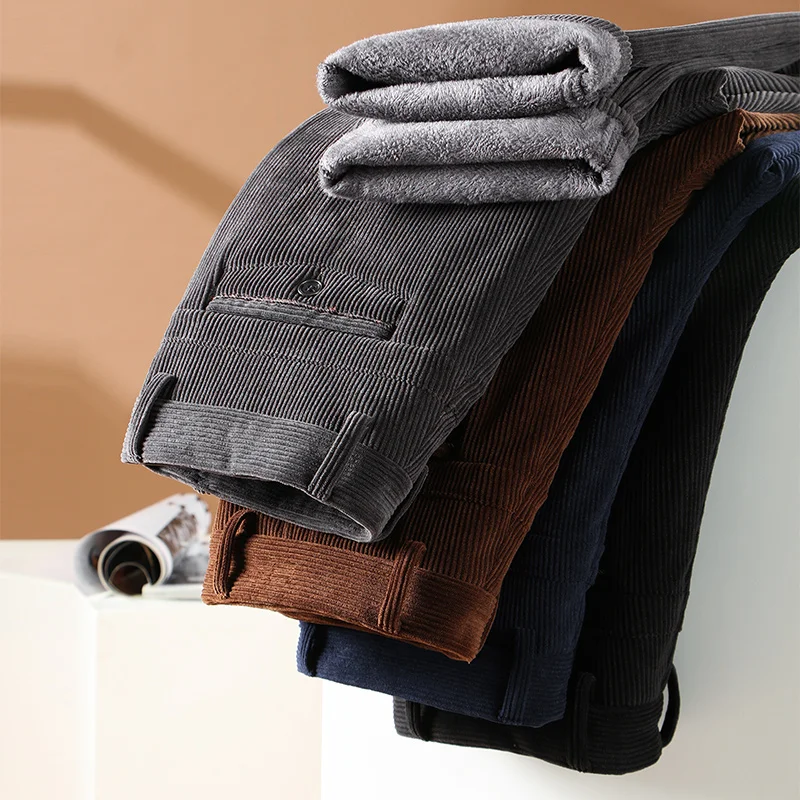 

Winter Men's Fleece Corduroy Pants Business Fashion Classic Style Thick Warm Stretch Trousers Male Brand Clothing