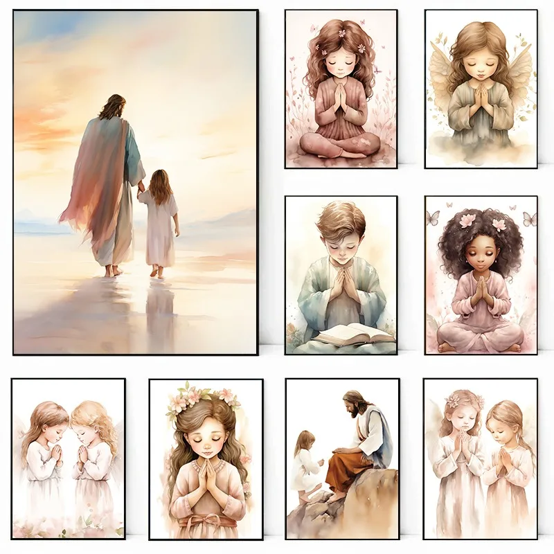 Christian Jesus Angel Girl Boy Praying Bible Posters and Prints Canvas Printing Wall Art Picture for Living Room Nursery Decor