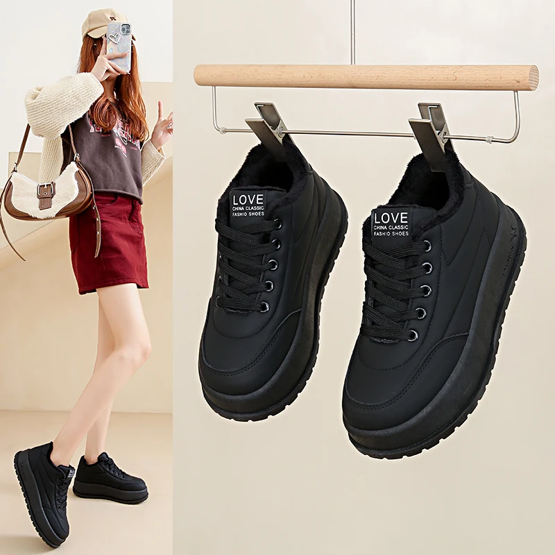 

Low-top casual sneakers with cotton lining, warm women's shoes, fleece-lined dad sneakers, outdoor casual shoes, KT2812