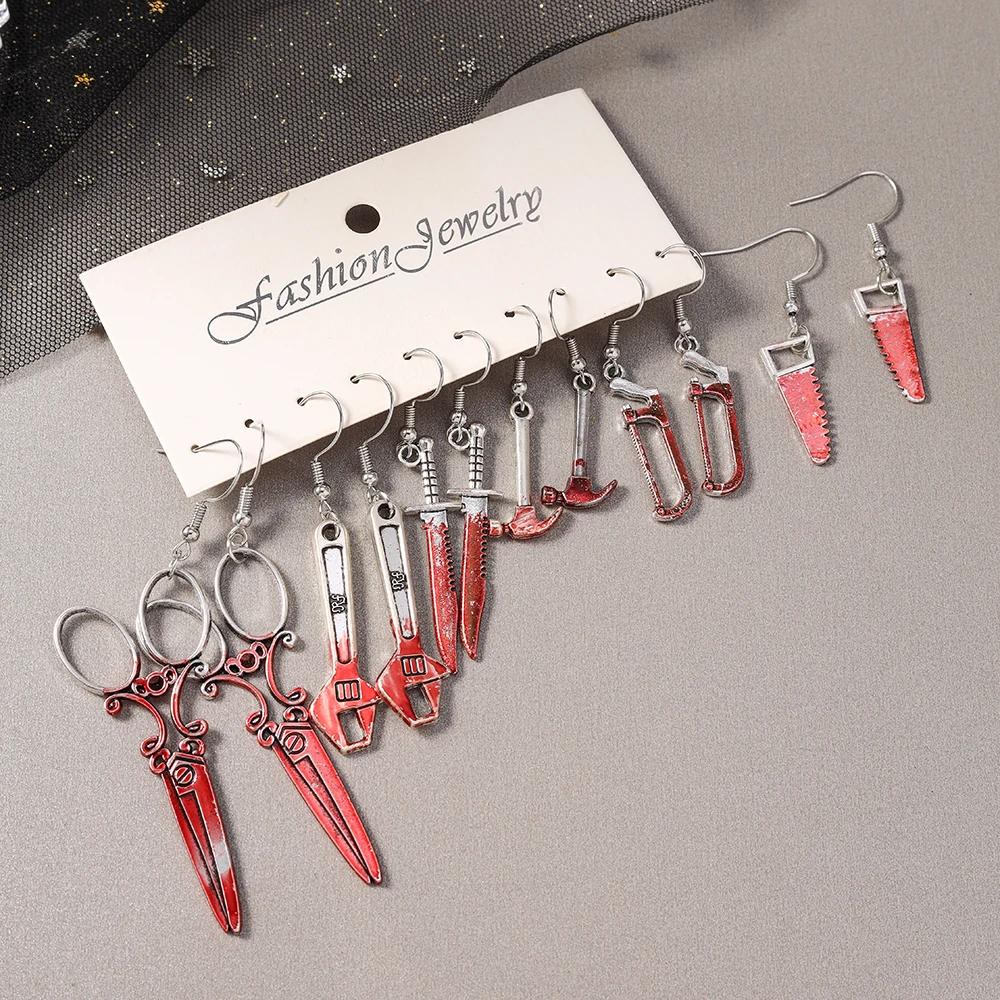 Punk Halloween Bloody Horror Scissors Axe Knife Drop Earrings for Women Girls Night Party Jewelry Gifts