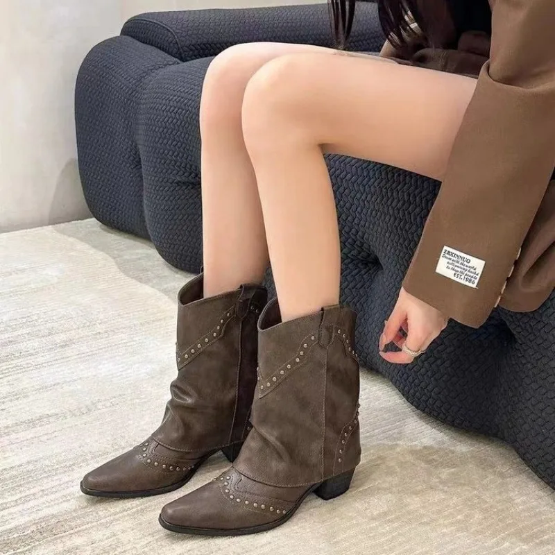 Woman Boots Shoes for Women 2023 Western Cowboy Thick Heels Retro New Rock Gothic Mid Calf Low Pointed Toe Autumn Winter Rivet