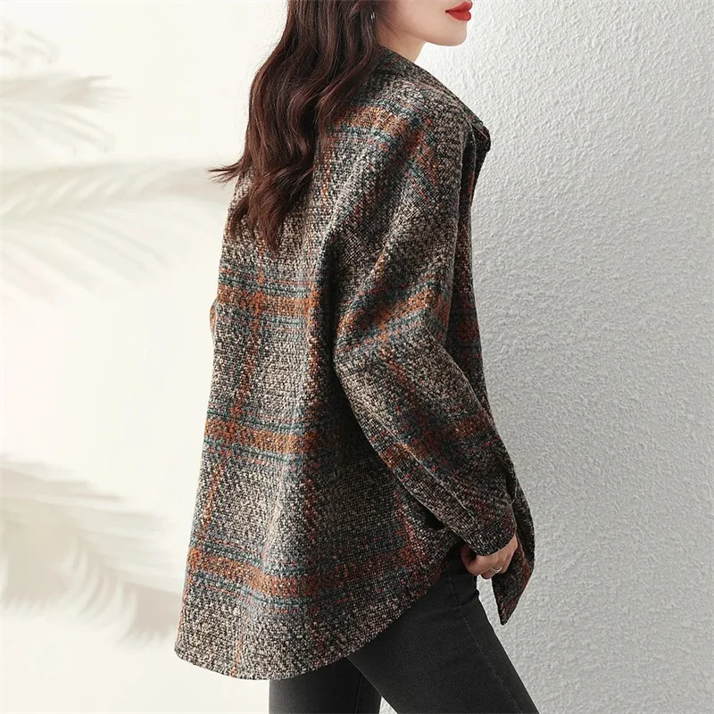 

Spring Autumn Lady Fashion Plaid Shirt Coat High-end Femme Long Sleeves Cardigan Blouse 2025 Women Leisure Large Size 4XL Tops
