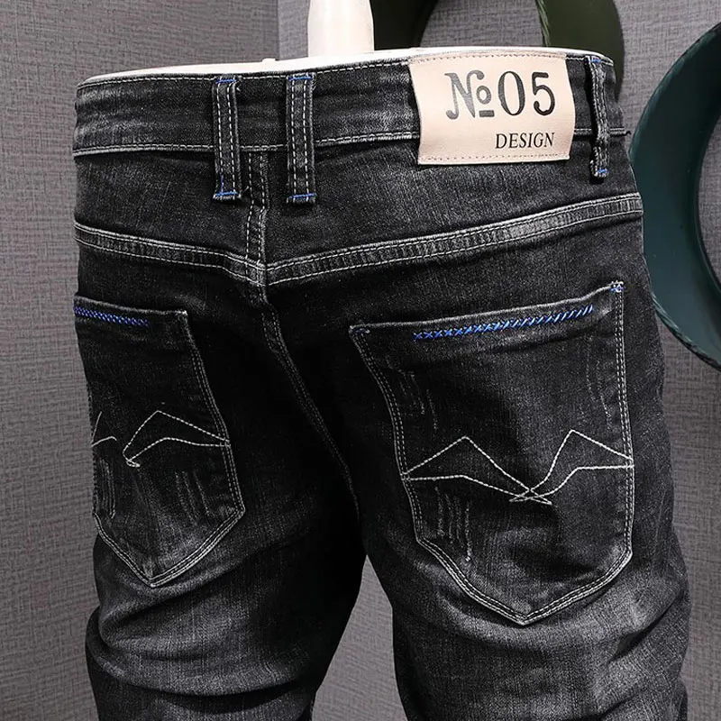 

Y2K fashion trend designer men's jeans retro black gray elastic slim fit corrugated jeans men's straight leg pants retro jea
