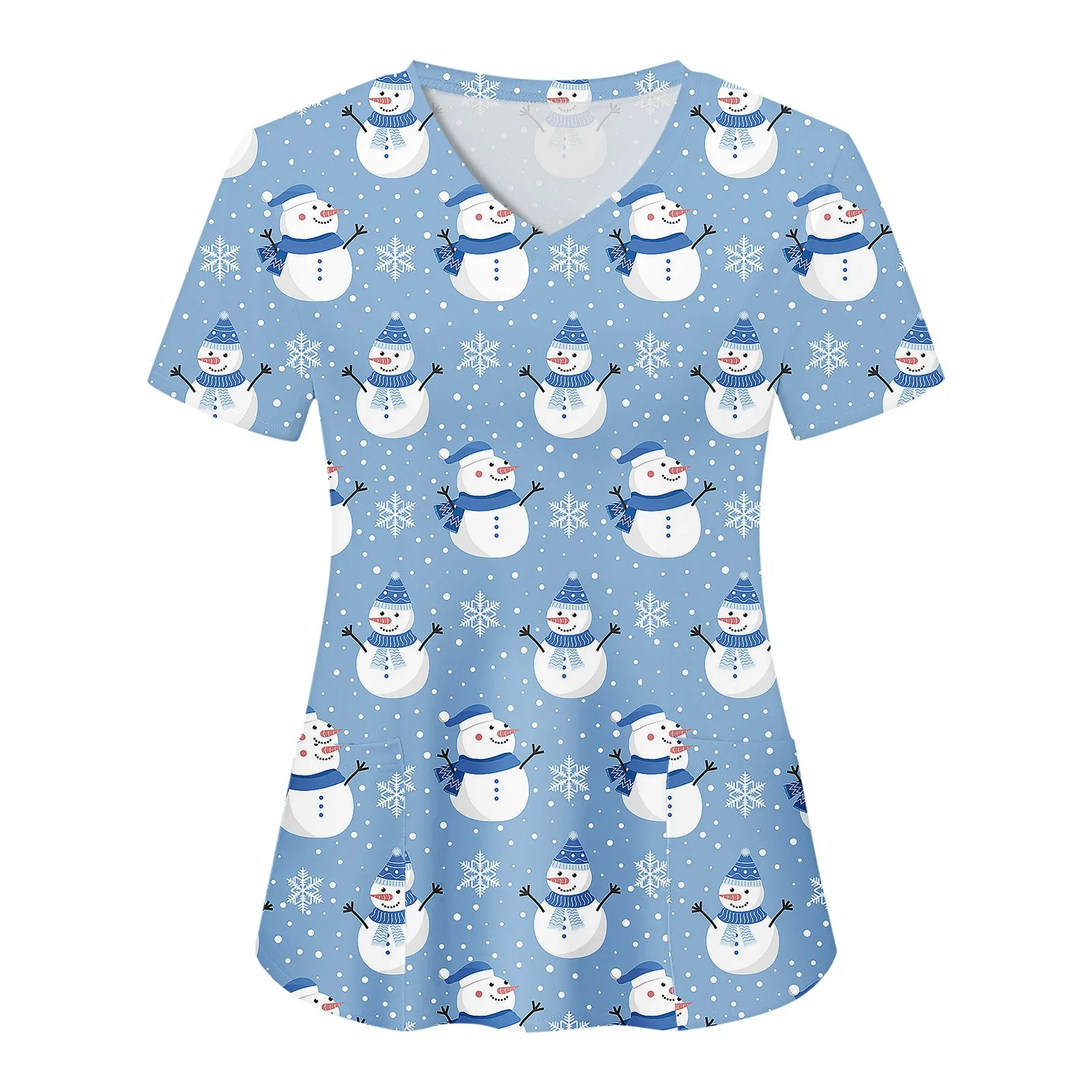 

Christmas Nurse Uniforms Womens V Neck Deer Snowman Print Sleeve Working Nursed Pocket Blouse Overalls Nurse Uniforme Workwear