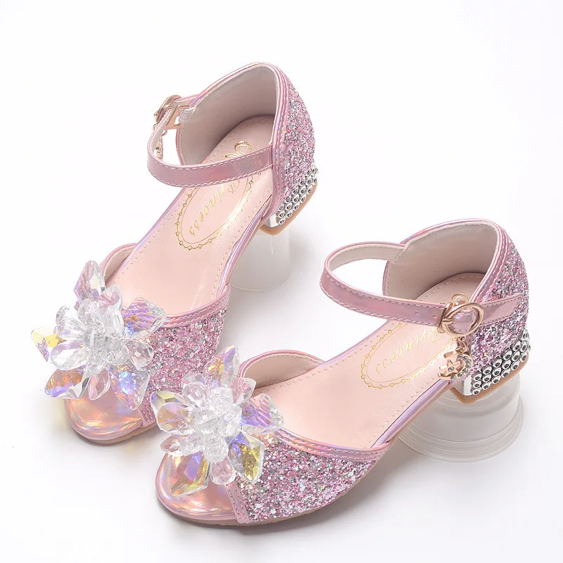 New Girls Sandals Diamond Flower Latin Dance Kids Shoes Children High Heel  Crystal Glitter Princess Party Dress Wedding Shoes