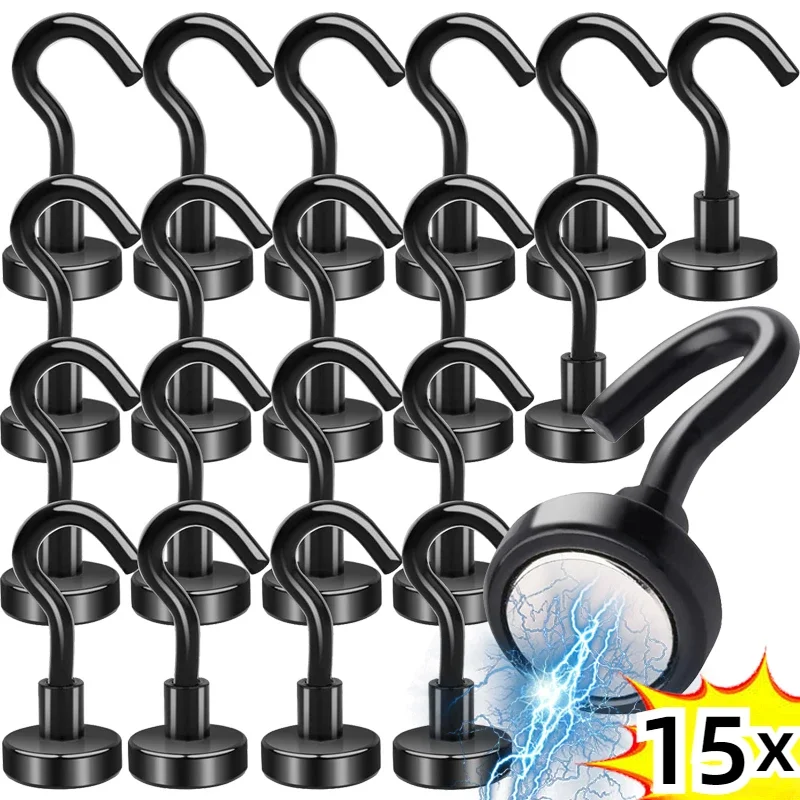 Black Strong Magnetic Hooks Wall-mounted Magnet Hook Multi-Purpose Keys Coat Hanging Hanger Kitchen Fridge Bathroom Organizer