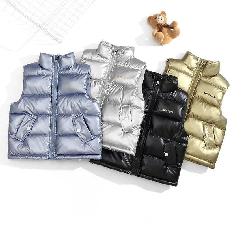 Children Trend Down Vests Boys Girls Spring Warm Waistcoat Kids Fashion Casual Jackets Teenager Shine Clothing Coats 3-14 Years