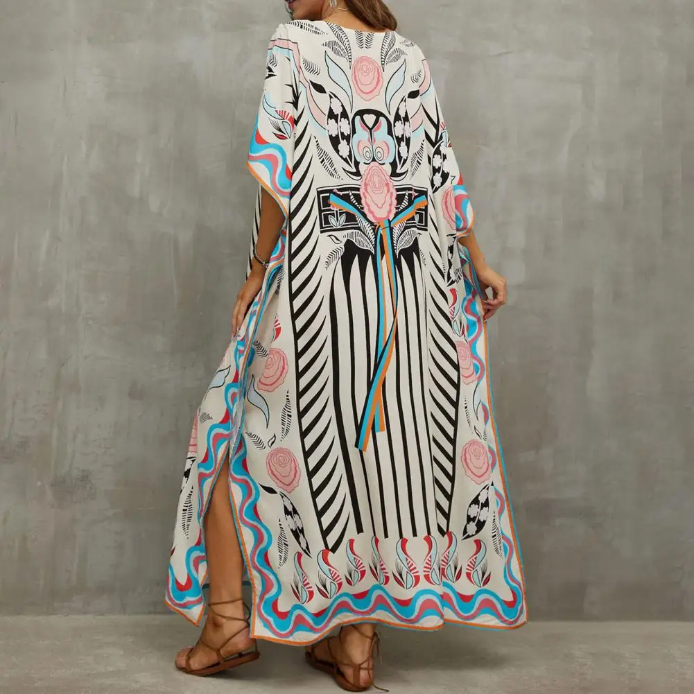 Rayon Strand Cover Up Levendige Kleuren Print Strand Cover Up Jurk V-Hals Korte Mouw Losse Pasvorm Met Zijsplit Badpak Voor Vakantie