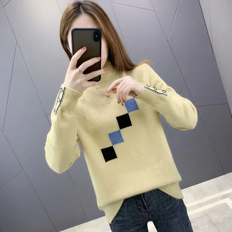 Half Height Collar Sweater Ladies 2024 Autumn Winter New Korean Fashion Long Sleeve Temperament All-match Knitting Pullovers