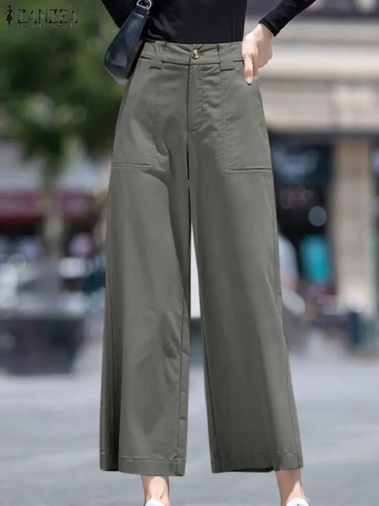 ZANZEA Holiday Solid Pockets Pants Women Straight Long Pants Casual Loose Wide Leg Trousers 2024 Summer High Waist Pantalons