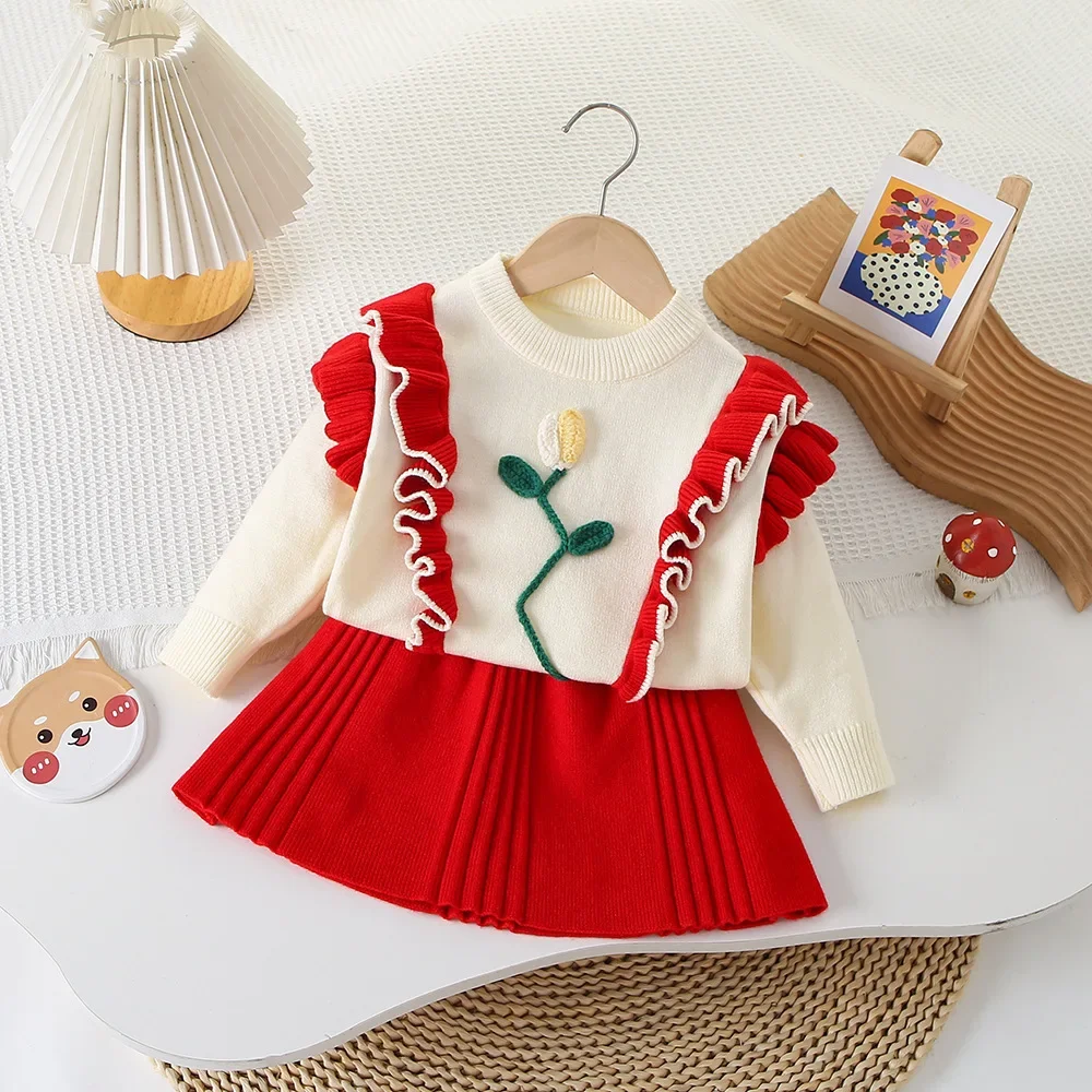 Girl Two Piece Set Autumn Winter 2024 Ear Fungus Edge Knitted Flower Sweater Pleated Skirt Casual Simple Fashion Sweet Korean