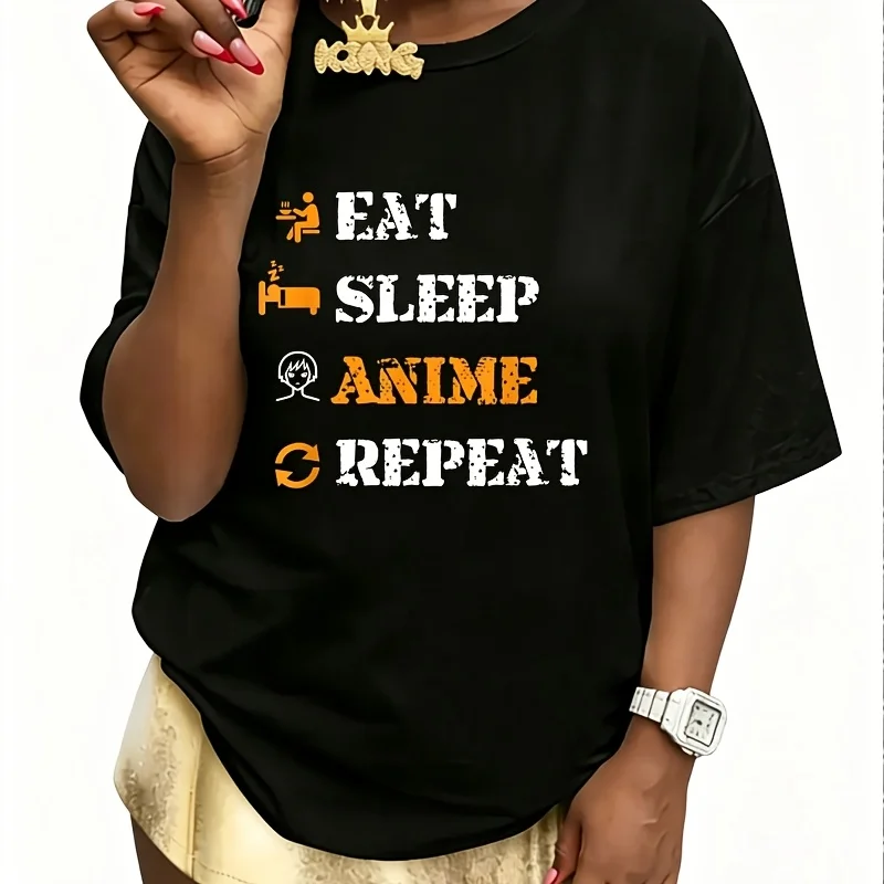 Eat Sleep Anime Repeat Anime Cosplay Lover Women's 100% Cotton T-Shirt Short Sleeve Top Casual Round Neck Fun Print Tee S-5Xl