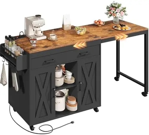Extendable Kitchen Island, Large Mobile Kitchen Storage Island, Rolling Kitchen Cart with Outlets, Island Table for