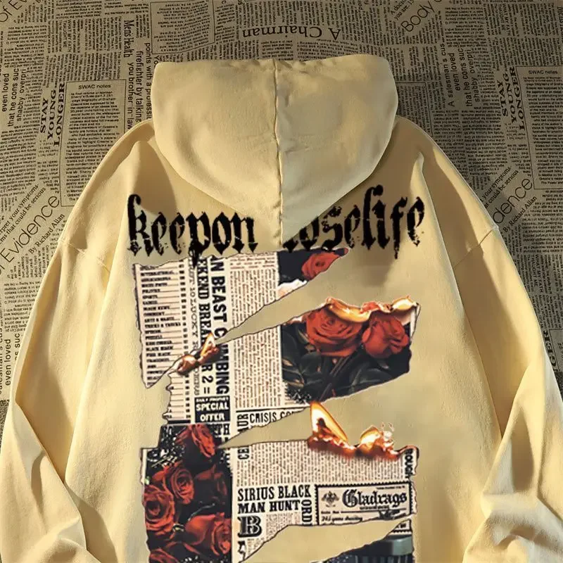 American High Street HipHop Rose Newspaper Pattern Decal Hooded Sweater for Men and Women Couple Loose Oversize Coat Clothing