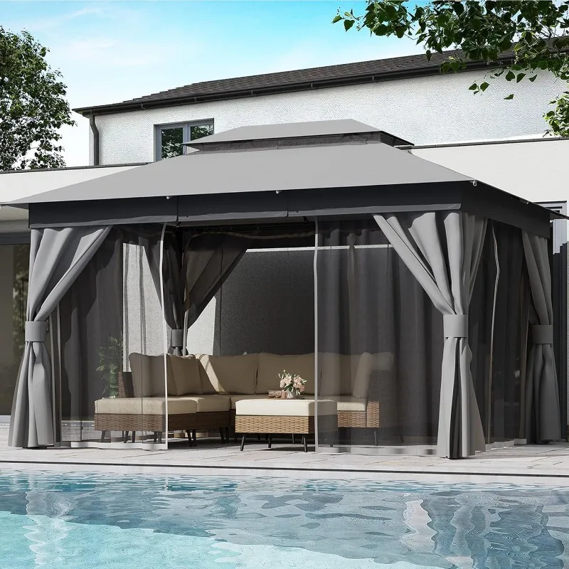 

Уличная беседка HOME 10'x13' с расширяемыми болтами, сверхпрочный шатер-тент для вечеринок и укрытие с двойными крышами, москитная сетка