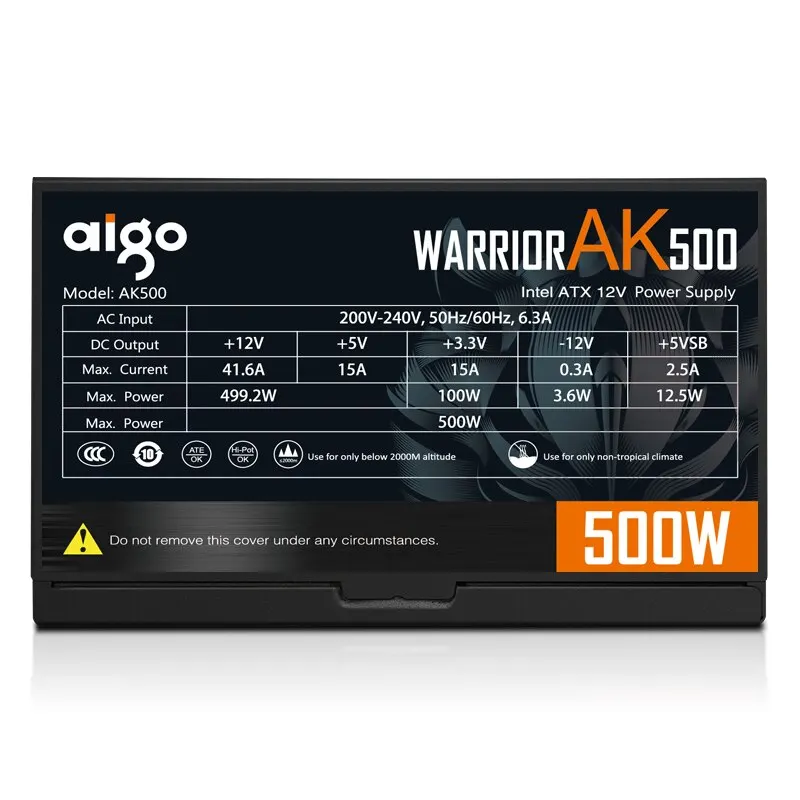 Aigo-Bloc d'alimentation PC PSU AK 500W, noir, jeu, silencieux, 120mm, ventilateur RVB, 24 broches, 12V, ATX, alimentation d'ordinateur de bureau pour BTC