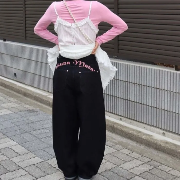 

Waed Patchwork Wide Leg Jeans Women's Embroidered mid Waist Denim Pants Bla Summer 2025 Faion Ladies' Premium Jeans