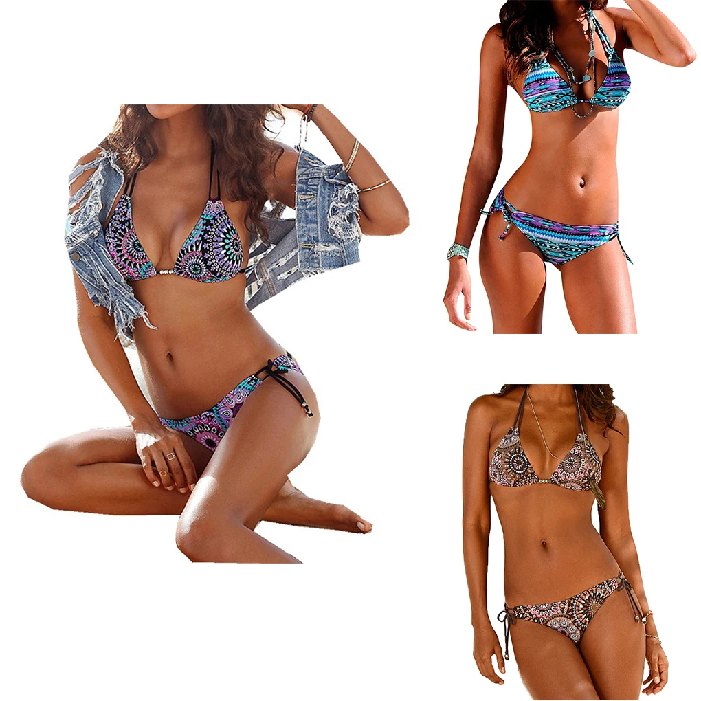 2 szt. Damski strój kąpielowy, seksowny, z nadrukiem, bikini na ramiączkach, szybkoschnący, elastyczny zestaw biustonosza i majtek plażowych