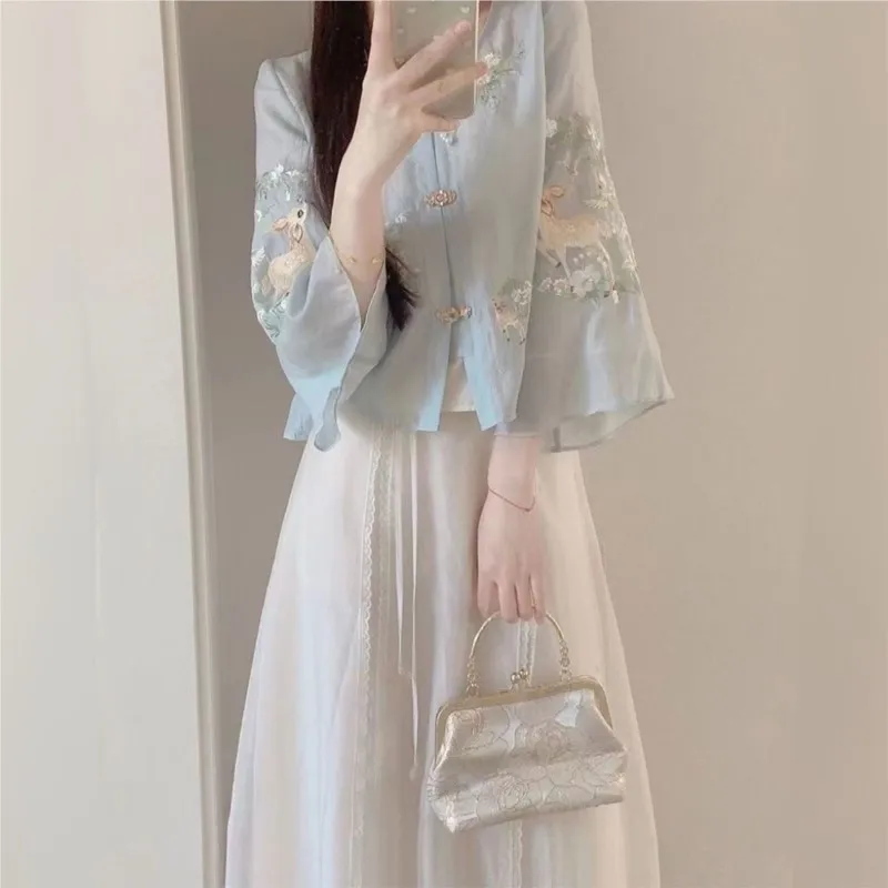 2025 New Maternity Chinese Style Suit Pregnant Women Tang Costume Set Embroidered Buckle Top Half Skirt Set 2-piece Set LH029