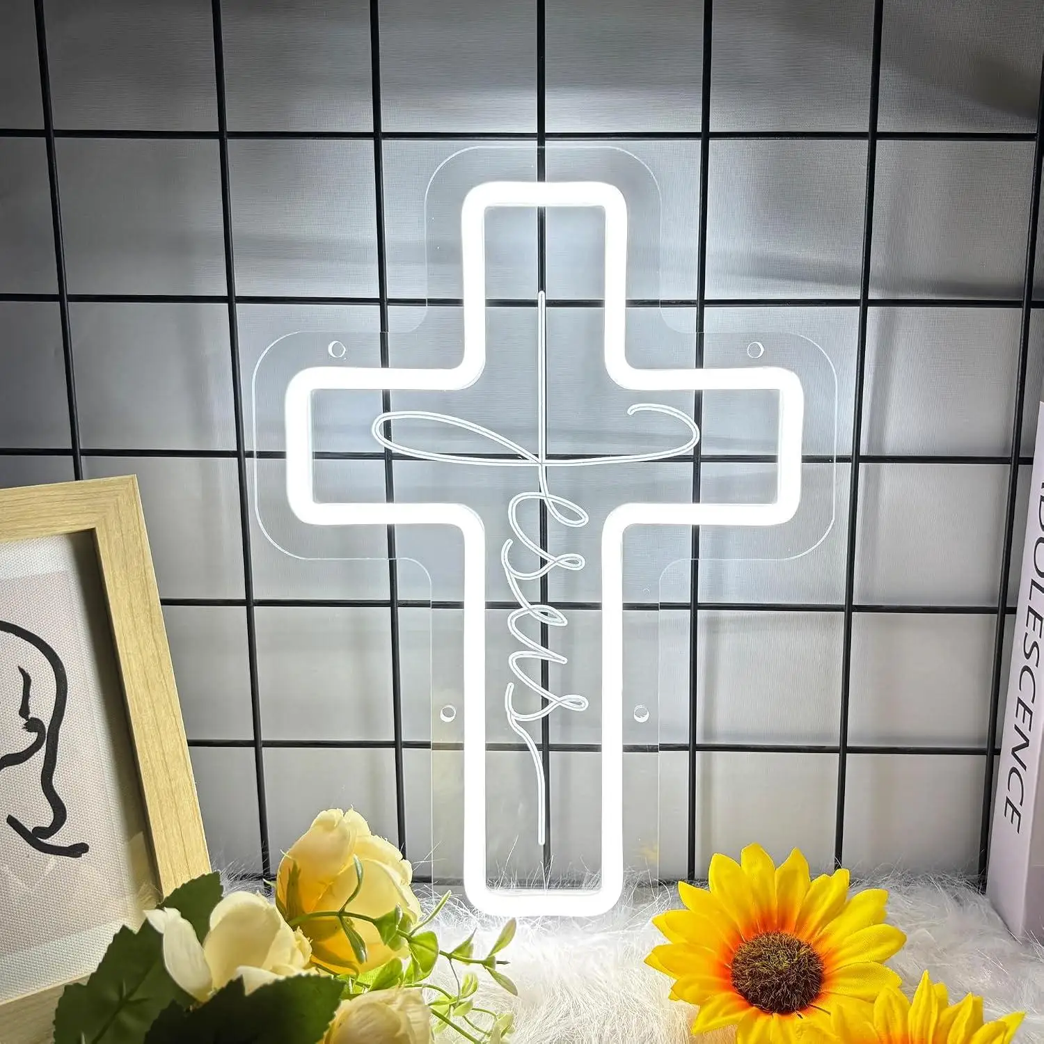 Jesus Cross Neon Sign USB Dimmable LED Neon Light for Bedroom Living Room Wedding Wall Decor Religious Theme Home Decoration