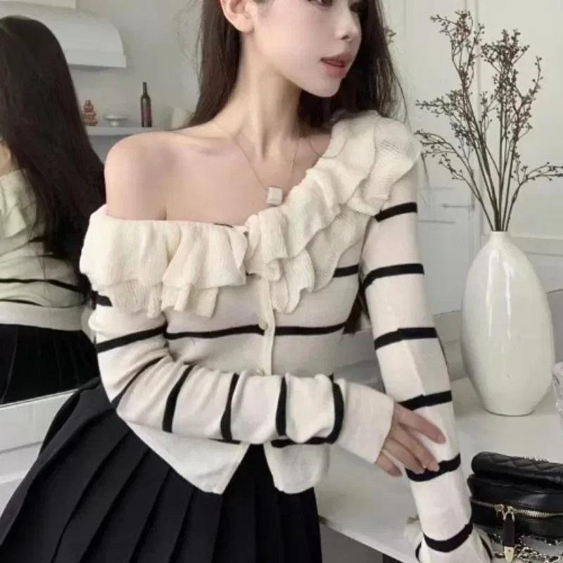 

Shpmishal французский модный вязаный свитер с рюшами и воротником с цветными блоками и длинными рукавами для женщин, лето 202, новый кардиган на заказ