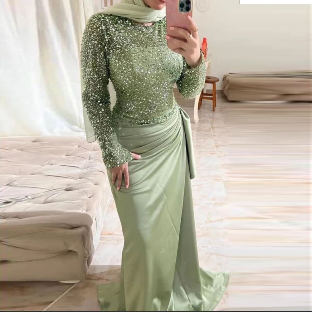 

Customized Sage Green Soiree Evening Dress O Neck Full Sleeve Abiye Wedding Party Gown with Sequin Draped Muslim Formal Oufits