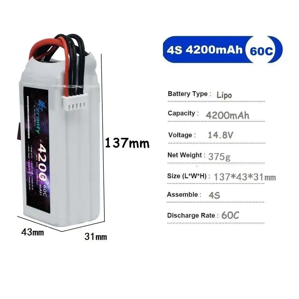 

4200MAH 4S Lipo Battery For RC Car FPV Drones Boats Helicopters 60C 14.8V Rechargeable Battery