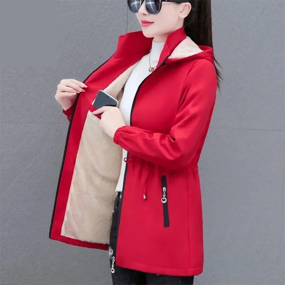 Autumn Winter Jacket Women Windbreaker 2024 Velvet Warm Mid Long Hooded Trench Coat Korean Female Tops High-Quality Outwear 5XL