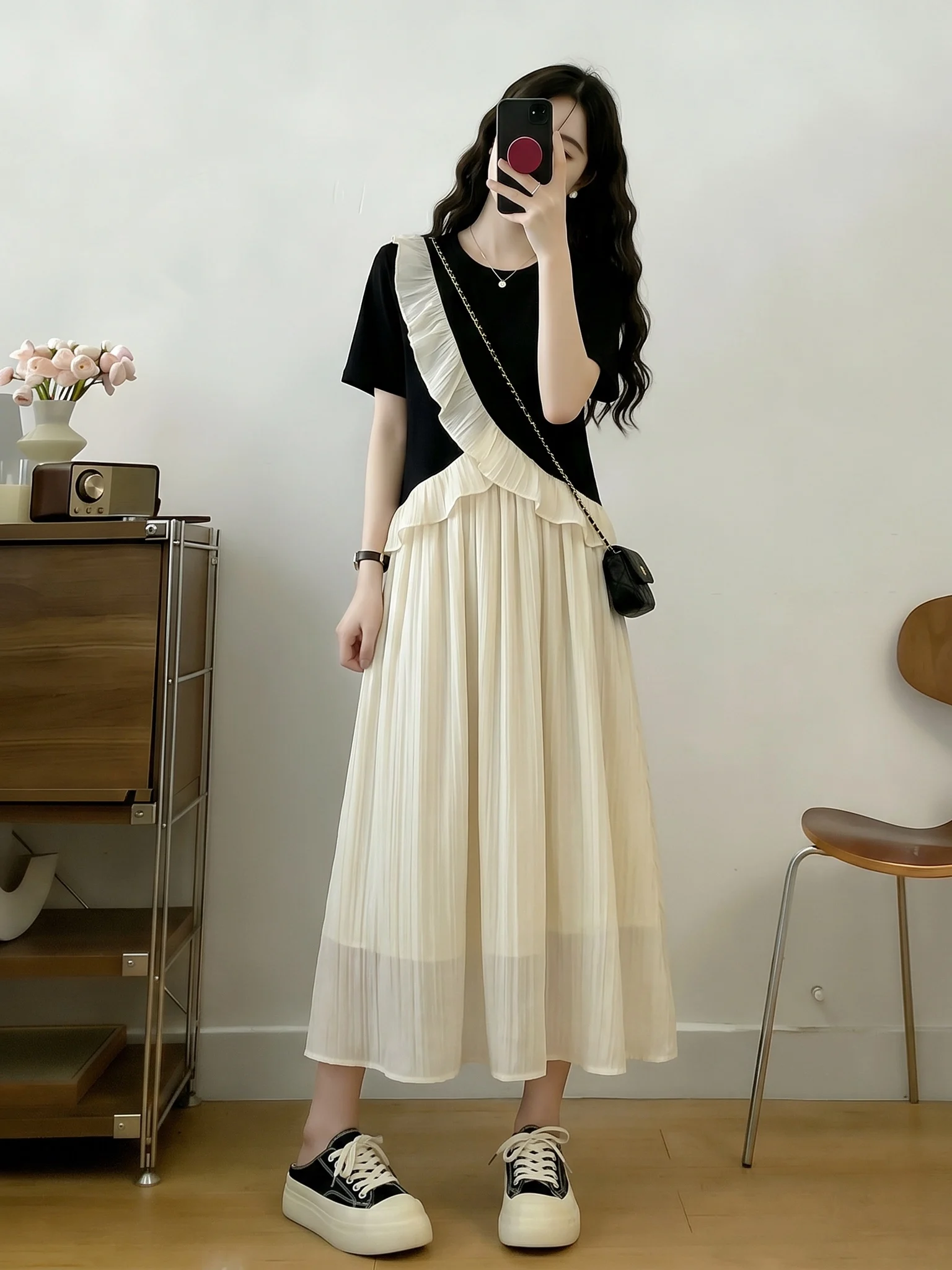 

Summer New plus Size Women's Dress with Lace Hem Shoulder Length A-Line Skirt Cover Belly Polyester Fiber High Waist Korean S...