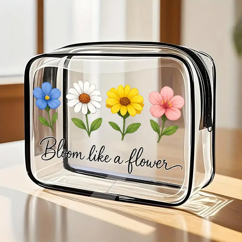 Toiletry Bag Colorful Mixed Wildflowers Clear PVC Zippered Makeup Bag HandPainted Botanical Design With Inspirational 
