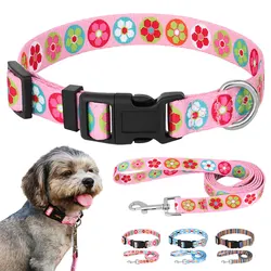 Nylon Cute Puppy Dog Collar Leash Set Adjustable Flower Cat Collars Walking Leashes For Small Medium Pets XS S M