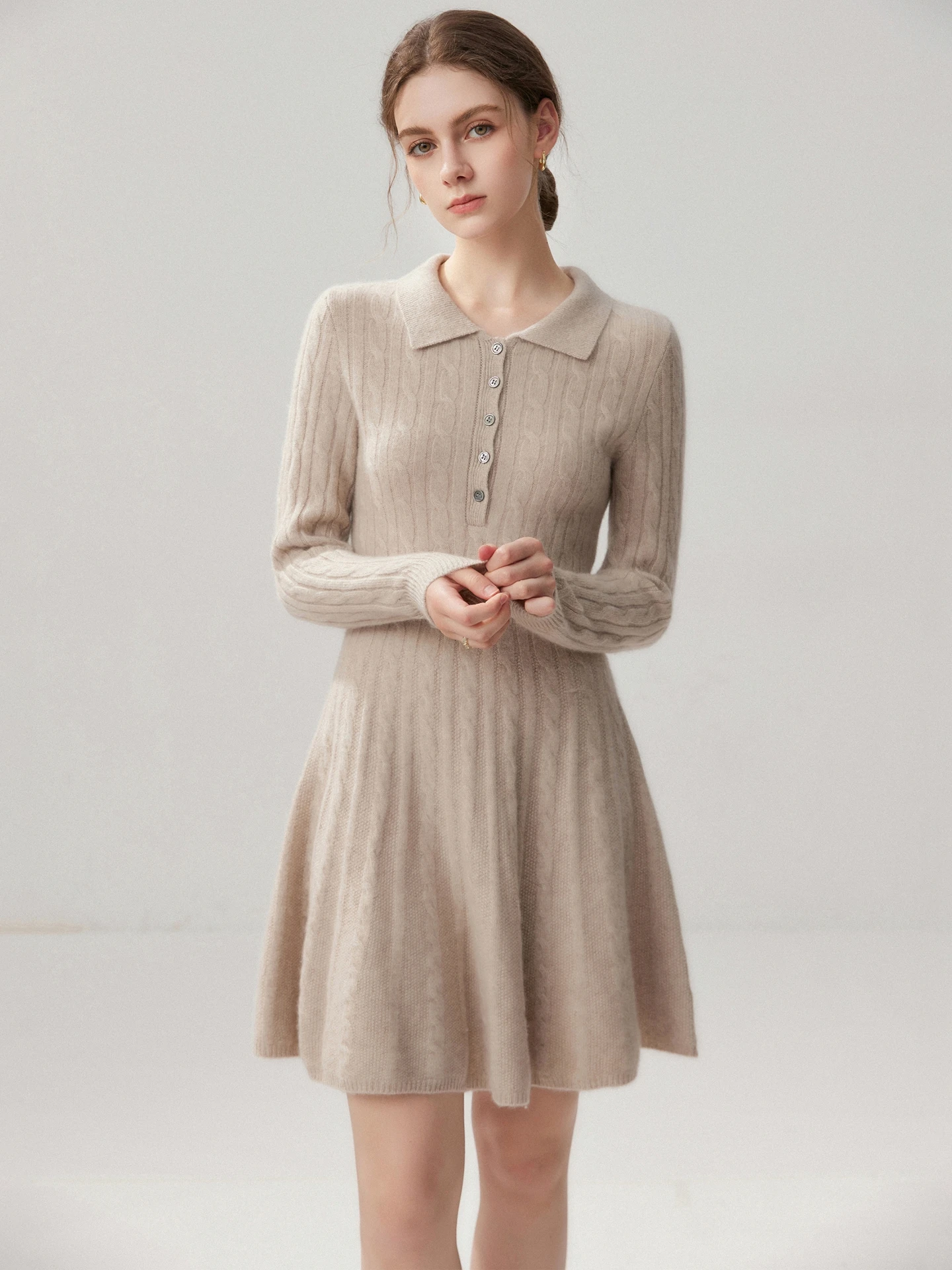 Autumn Winter 100% Cashmere Pullover Dress Women Lapel Collar Twist Flower Button Slim Fit Knee-Length A-line Knit Skirt Fashion