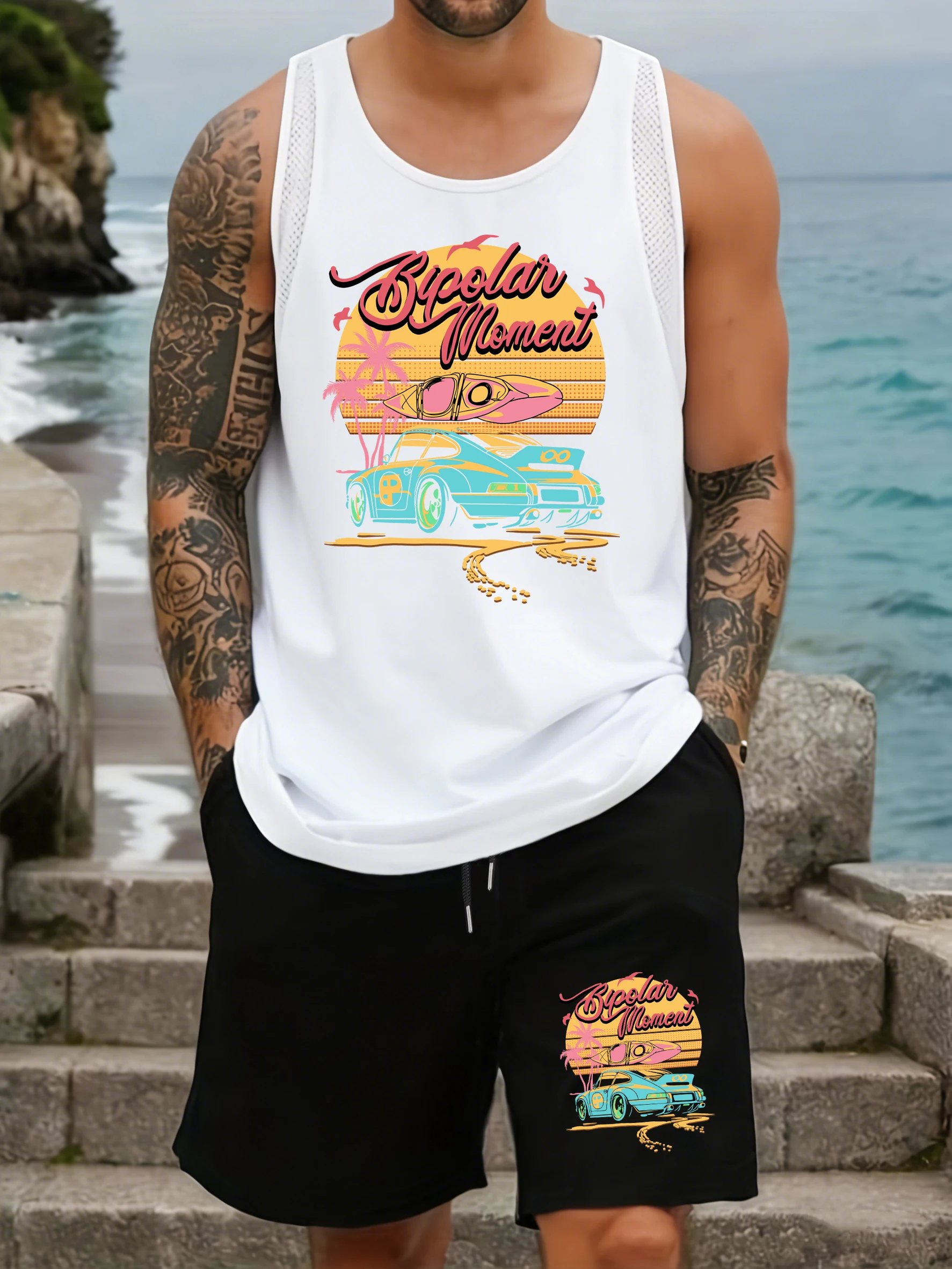 

Vacation By The Seaside Under The Sunset Print Mesh Tank Tops Set Men Sleeveless Vest Summer Wide-Leg Shorts Gym Pocket Pant