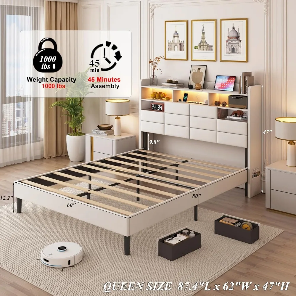 إطار سرير LED بحجم كوين مع مساحة تخزين ولوح رأسي مخملي ودرجين مخفيين ومحطة شحن #2