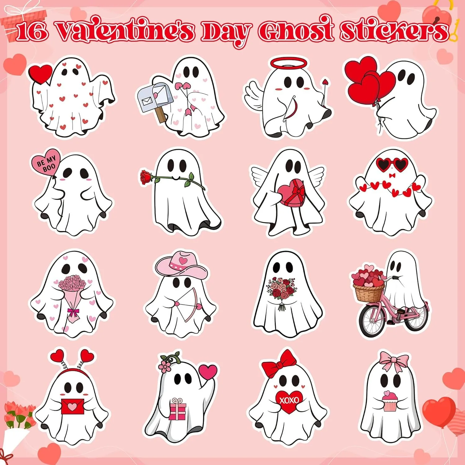 500-1000PCS Wedding Ghost Stickers Wedding Heart Sticker Rolls-16 Designs Pink Red Cute Ghost Label Tag Seal Stickers for Kids