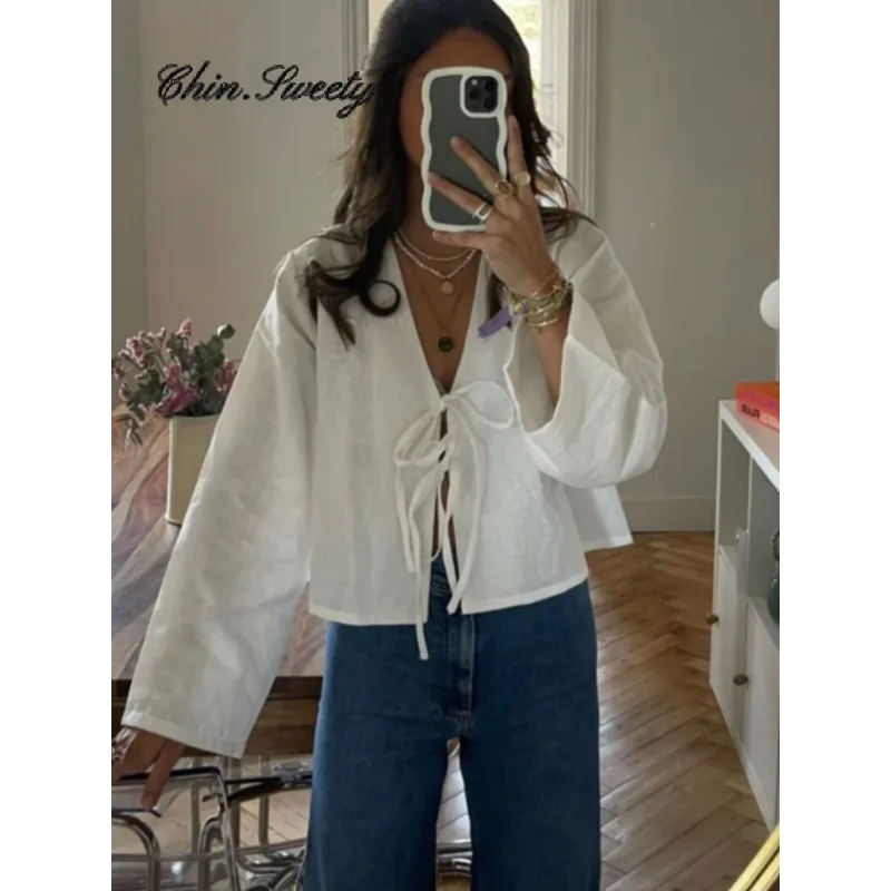 

Solid Lace Up Bow Shirts Women Casual Long Flare Sleeve V Neck Hollow Out Blouses Tops 2024 Spring Lady Commuting Streetwear