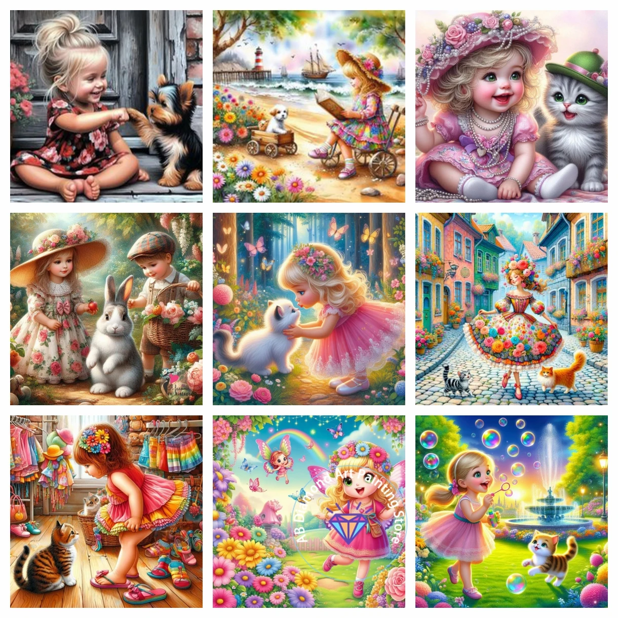 

DIY 5D AB Diamond Painting Kit Cartoon Girl Cat Dog Landscape Animal New Mosaic Cross Embroidery Kit Art Home Decoration Gift