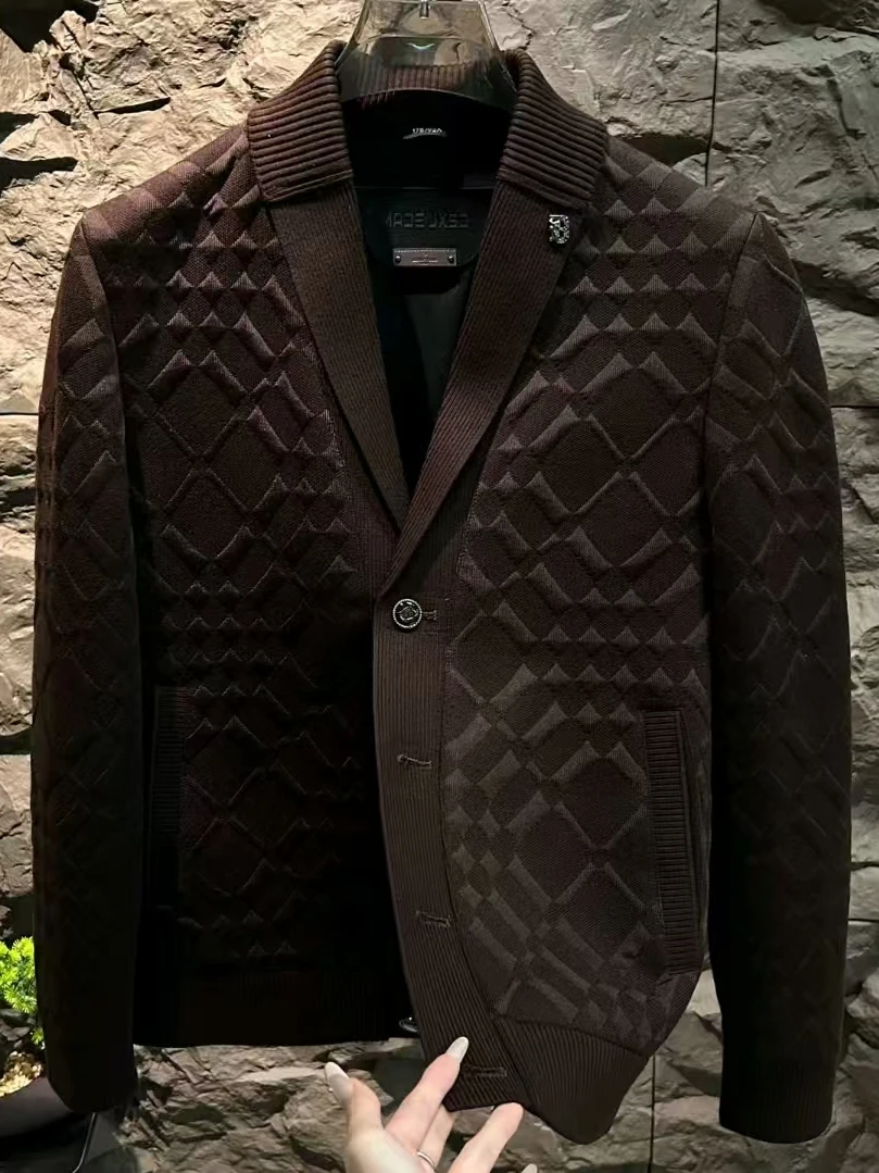 

Мужской вязаный жакет на весну-осень, новинка, высокое качество, индивидуальный дизайн, элегантный крой, длинный рукав, однотонный, на пуговицах