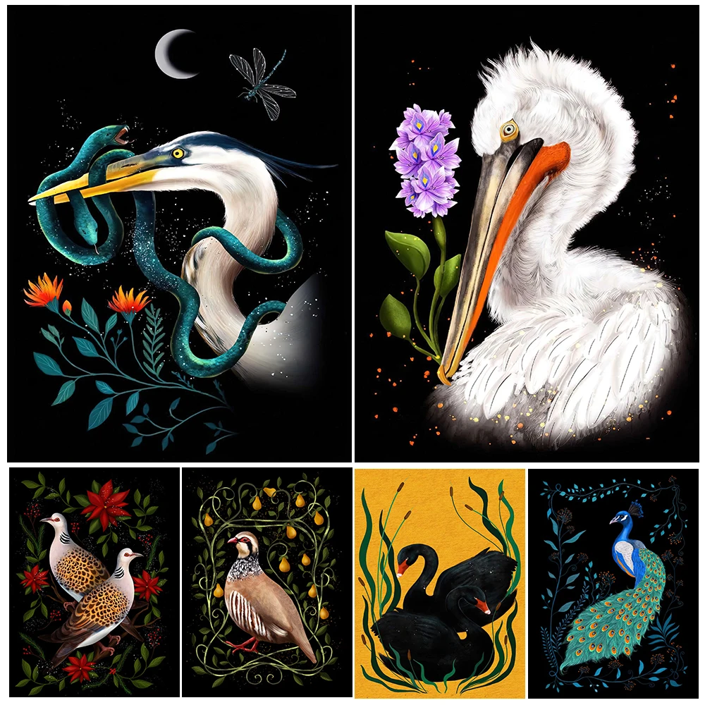 Blue Heron,Dalmatian Pelican,Peacock,Swan Couple,Bird Illustration Wall Art Print,Nature Inspired Home Decor,Bird Art Poster