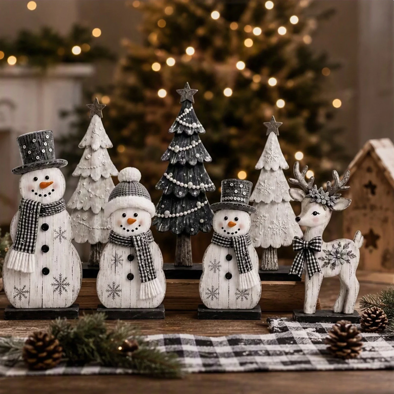 Christmas Wooden Snowman Reindeer Tree Figurines Rustic Table Ornaments for Layered Tray Home Xmas Holiday Decoration