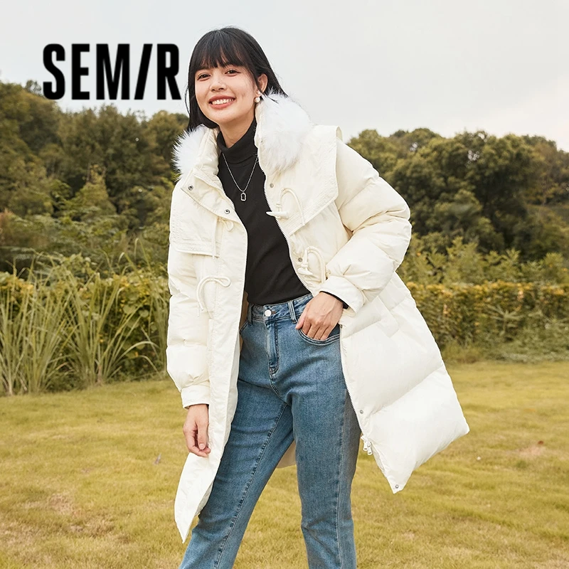 Semir Down Jacket Women Long Sweet Gentle Fur Collar Three-Proof 2023 Winter New Loose Horn Plate Button Jacket