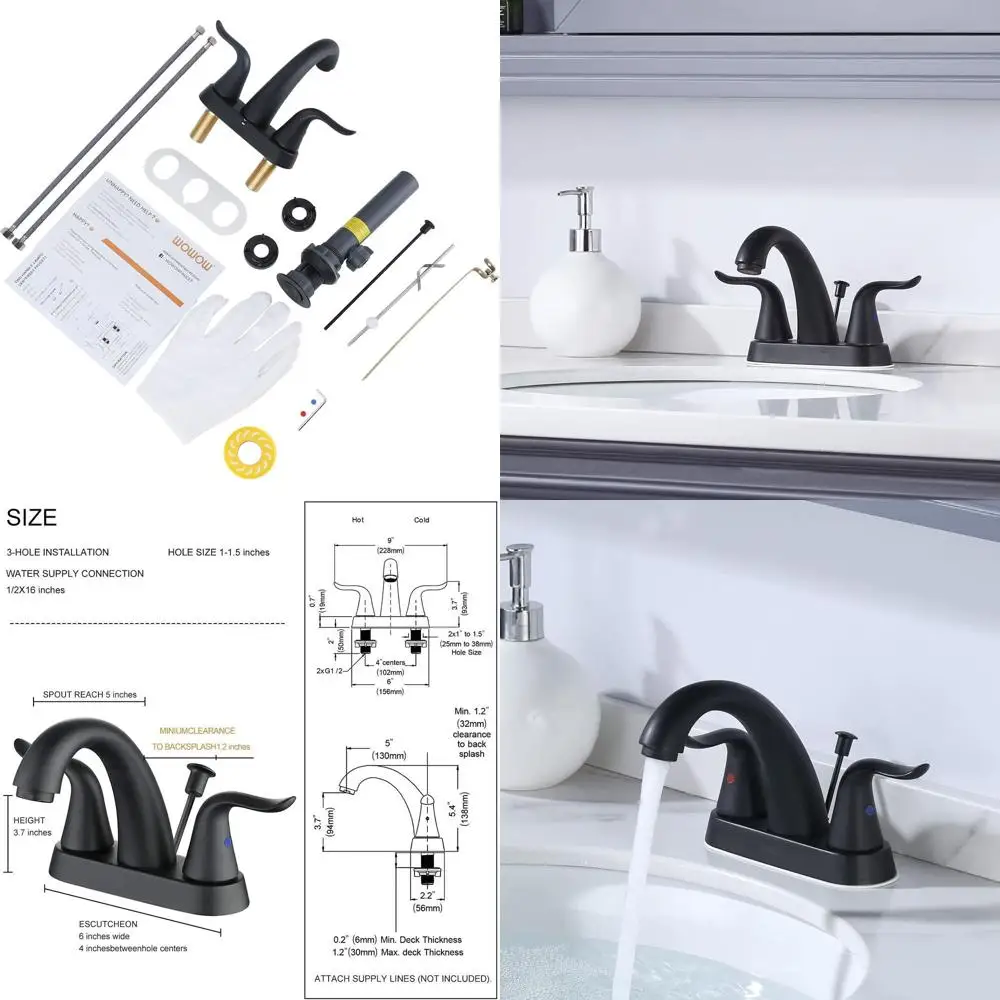

Matte Black 2-Handle 4 Centerset Lavatory Faucet with Lift Rod Drain, 3-Hole Basin Mixer Tap, Lead-Free